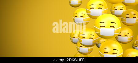 3d-Rendering einer großen Gruppe von Gesichtsmaske Emoji Smileys. Gesicht maskieren. Kopierbereich: Größe des Webbanners. Stockfoto