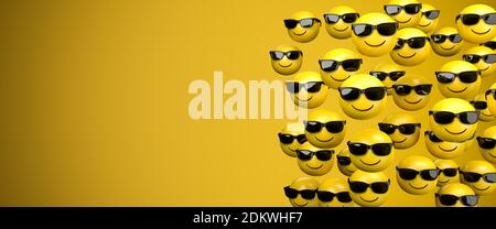 3d-Rendering einer großen Gruppe von Emoji-Smileys mit breitem Grinsen und Sonnenbrille. Cooles Gesicht. Kopierbereich: Größe des Webbanners. Stockfoto