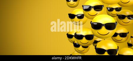 3d-Rendering einer großen Gruppe von Emoji-Smileys mit breitem Grinsen und Sonnenbrille. Cooles Gesicht. Kopierbereich: Größe des Webbanners. Stockfoto