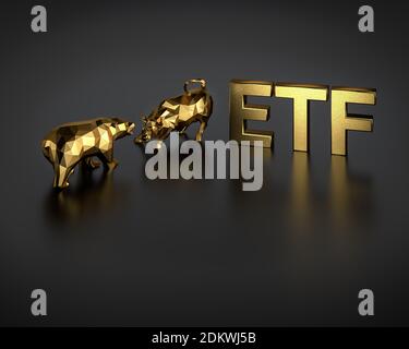 Exchange Traded Fund-Konzept. Ein Stier und Bär neben dem goldenen Text ETF. Stockfoto