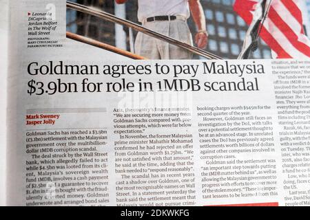 „Goldman stimmt zu, Malaysia 3,9 Milliarden Dollar für die Rolle in 1MDB zu zahlen Scandal' Guardian Zeitung Schlagzeile Artikel am 24. Juli 2020 London England GB Stockfoto