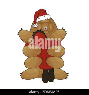 Happy Cartoon Tardigrade mit Santa Hut sitzt auf dem Boden Und gibt eine Umarmung zu einem Menschen im Mantel Stock Vektor