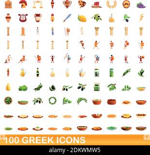 100 griechische Symbole eingestellt. Cartoon Illustration von 100 griechischen Ikonen Vektor-Set isoliert auf weißem Hintergrund Stock Vektor