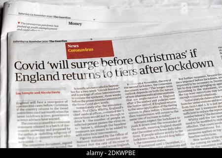 „Covid wird vor Weihnachten aufsteigen“, wenn England wieder in die Reihen zurückkehrt Nach dem Lockdown" Coronavirus Covid Zeitung Schlagzeile Guardian London UK 14 November 2020 Stockfoto