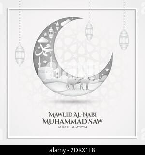 Mawlid al-Nabi Muhammad. Übersetzung: Der Geburtstag des Propheten Muhammad. Geeignet für Grußkarten, Flyer, Poster und Banner Stock Vektor