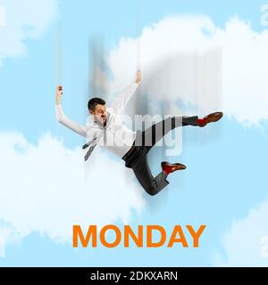 Manager fällt vom Himmel direkt in der neuen Woche, Montag. Copyspace, um Ihren Text einzufügen. Modernes Design. Zeitgenössische Kunst. Kreative konzeptuelle und bunte Collage. Lifestyle-Konzept für Büromitarbeiter. Stockfoto