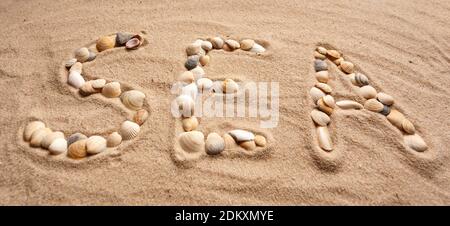 Inschrift am Strand. Das Wort MEER besteht aus Muscheln im Sand. Reisekonzept. Stockfoto