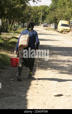 Vrancea County, Rumänien. Ältere Frau auf dem Land, die tägliche Arbeit tut. Stockfoto