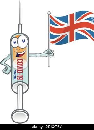 Medizinische Spritze Impfstoff Corona Virus covid-19 mit uk-Flagge . Vektor-Karikatur-Illustration Stock Vektor