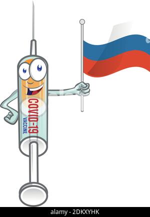 Medizinische Spritze Impfstoff Corona-Virus covid-19 mit russischer Flagge. Vektor-Karikatur-Illustration Stock Vektor