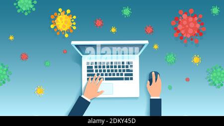 Vektor eines Geschäftsmannes, der während der Arbeit an seinem Computer aus der Ferne Coronavirus-Pandemie Stock Vektor