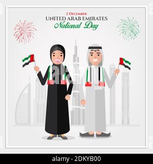 UAE Nationalfeiertag Grußkarte. Cartoon Emirati Kinder halten UAE Nationalflagge feiern Vereinigte Arabische Emirate Nationalfeiertag. vektor-Illustration für Stock Vektor