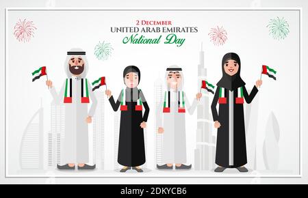 Grußkarte zum Nationalfeiertag der VAE. Cartoon Emirati Familie hält UAE Nationalflagge feiert Vereinigte Arabische Emirate Nationaltag. vektor-Illustration fo Stock Vektor