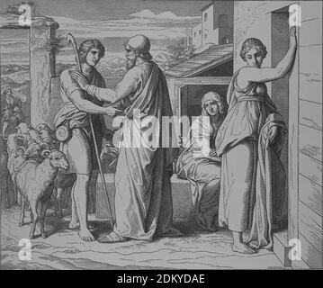 Jakob sucht Rachels Hand in der Ehe. Genesis, Kegel 29. Stich von Julius Schnorr von Carolsfeld (1794-1872). Stockfoto