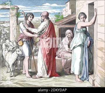 Jakob sucht Rachels Hand in der Ehe. Genesis, Kegel 29. Stich von Julius Schnorr von Carolsfeld (1794-1872). Stockfoto
