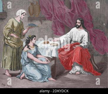 Altes Testament. Jesus im Haus von Martha und Maria. Lukas-Evangelium. Gravur, 19. Jahrhundert. Spätere Färbung Stockfoto