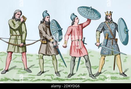 England. Anglo-Saxons period. 5th-11th. Society. Warriors, squire and king. Engraving, 19th century. Stock Photo