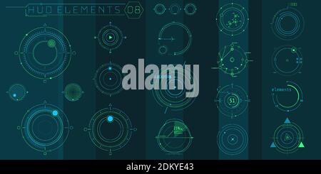 Ein Set aus runden HUD-Elementen für eine futuristische Oberfläche. Stock Vektor