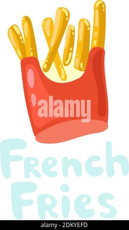 Pommes Frites Kawaii Vektor-Symbol in flachem Stil. Pommes Frites in einer Papierverpackung. Amerikanisches Fast Food. Geröstete Kartoffelchips, Haufen frittierte fettige Stock Vektor