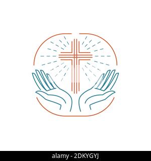 Vector Logo Kirche. Katholisch christian glühendes Kreuz mit Händen Stock Vektor