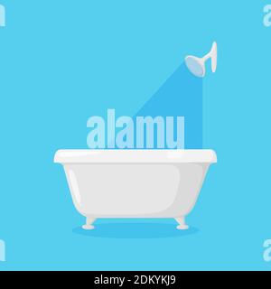 Badewanne für Badezimmer mit Dusche und fallendem Wasser. Weiße, moderne Badewanne auf blauem Hintergrund isoliert. Vektorgrafik im Cartoon-Stil Stock Vektor