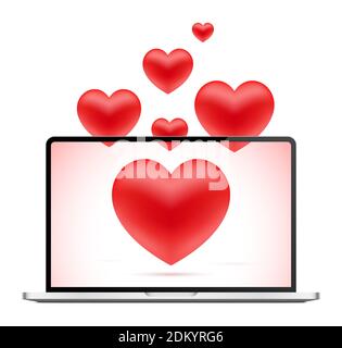 Romantisches Nachrichtenkonzept mit roten Herzen, die von einem geöffneten Laptop aus fliegen. Vektor-Illustration für Valentinstag, oder Liebe Beziehungen Design Dekoration. Stock Vektor