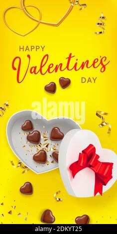 Valentine Geschenkbox Form Herz auf gelbem Hintergrund mit Schokolade Form Herz. Tolles Design für jeden Zweck. Vertikale Grußkarte, Banner, Poster Stock Vektor