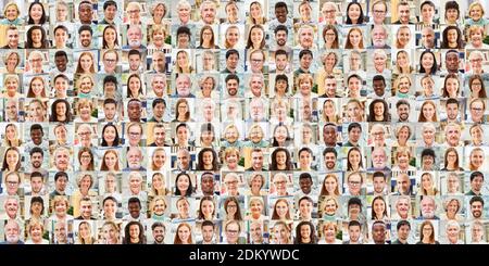 Panorama Portrait Collage von Menschen verschiedener Generationen in Innenräumen Stockfoto