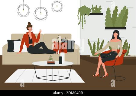 Freunde Mädchen Unterhaltung Vektor Illustration. Cartoon junge glückliche Mode Frau Figuren sitzen auf Sofa-Couch und im Sessel des gemütlichen Wohnzimmerinnenraum, sprechen, Freundschaft Kommunikation Stock Vektor