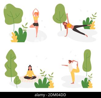 Die Menschen tun Yoga-Aktivität im Sommer Park Vektor Illustration Set. Cartoon aktiven Mann Frau Yogist sitzt in Lotus Yoga Pose, Stretching in Yoga Sport-Übungen in der Natur des Stadtparks isoliert auf weiß Stock Vektor