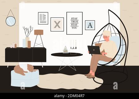 Junger Mann arbeitet zu Hause Vektor-Illustration. Cartoon männliche Figur sitzt in trendigen gemütlichen Sessel mit Laptop, Freiberufler Remote-Arbeit, skandinavische Wohnung Innenhintergrund Stock Vektor