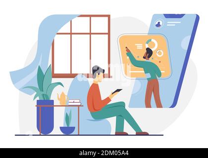 Online-Webinar-Lektion, Vektorgrafik Bildung. Cartoon Student Charakter zu Hause studieren, beobachten Seminar Vortrag mit Lehrer sprechen vom Telefonbildschirm, Internet-Web-Kurs isoliert auf weiß Stock Vektor