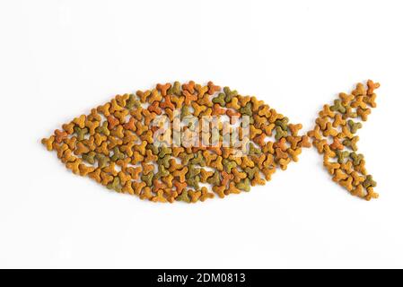 Tierfutter wird in Form eines Fisches auf weißem Hintergrund angelegt. Haustiere, Tierfütterung. Spezielle Ernährung, Training Ernährung. Draufsicht Hintergrund. Stockfoto