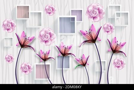 3d Wandbild Moderne Tapete. Lila Rose Blumen mit Quadraten und grauen dekorativen Hintergrund. Moderne Kunst für Wand Stockfoto