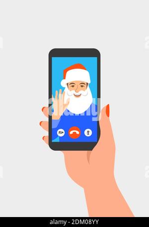 Weihnachten und Silvester Feier zusammen mit Freund Videoanruf. Junger Mann in Santa Kostüm gratuliert seinem Freund mit Online-Videokonferenz ein Stock Vektor