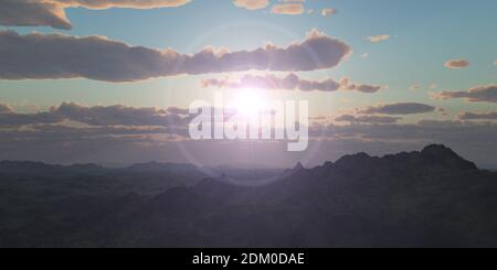 Bergpanorama über den Wolken Sonnenuntergang. Computergenerierte 3D-Illustration Stockfoto Bergpanorama über den Wolken Sonnenuntergang. Computergenerierte 3D-Illustration Stockfoto