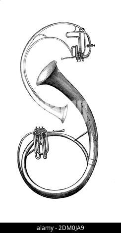 Musikinstrumente: Das von Adolphe Sax im 19. Jahrhundert entwickelte Saxhorn, dreistufiger Blechbläser-Prototyp der Saxhorn-Familie, für den Bandeinsatz konzipiert Stockfoto
