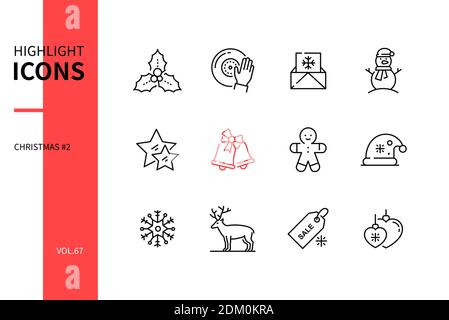 Frohe Weihnachten - Linie Design Stil Symbole gesetzt. Neujahrsfest, Feiertagstraditionen und Symbole. Mistel, DJ, Mail-Begrüßung, Schneemann, Sterne, Bel Stock Vektor