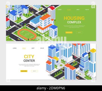 Urban Landscapes - Satz von bunten isometrischen Web-Banner mit Platz für Text kopieren. Qualität Zusammensetzung mit Wohnhäusern, Gebäuden, Fußball-Fiel Stock Vektor