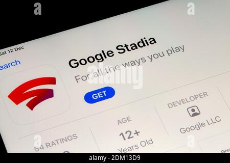 Ostersund, Schweden - 12. Dezember 2020: Google Stadia App auf dem ipad. Stadia ist ein von Google entwickelter und betriebener Cloud-Gaming-Dienst. Stockfoto