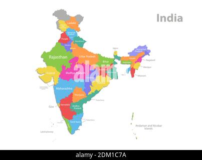 Indien-Karte, administrative Teilung, separate einzelne Regionen mit Namen, neue Karte der Division Jahr 2020, Farbkarte isoliert auf weißem Hintergrund vect Stock Vektor