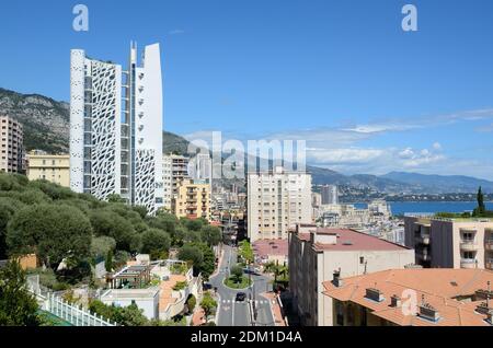 Panoramablick, Stadtbild oder Stadtbild von Monaco mit dem Simona-Turm auf der linken Seite Monaco Stockfoto