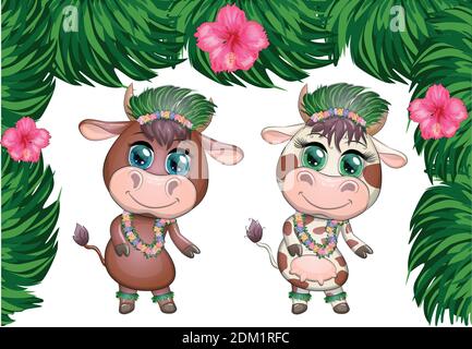 Ein Paar niedliche Cartoon-Stier und Kuh mit schönen Augen ist die Figur eines hawaiianischen Hula-Tänzerin zwischen Blättern, Blumen. Lustiger Bullen-Tanz. 2021 Jahre Stock Vektor