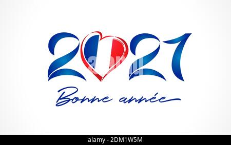 2021 Liebe Frankreich mit Bonne Annee französischer Text - Kalligrafie-Banner zum Neujahr. Stilvolle blaue Ziffern Vektor-Illustration für Weihnachten Urlaub Stock Vektor