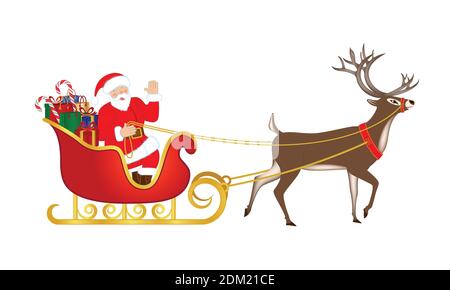 Santa Claus Reiten einen Schlitten voller Geschenke für Weihnachten, gezogen von Rentieren, 3d-Vektor-Illustration Stock Vektor