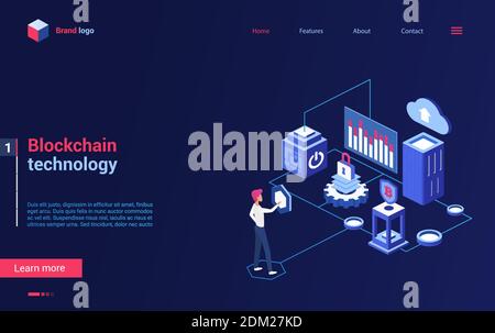 3d-Cartoon winzige Menschen arbeiten mit Blockchain-Website-Design, Geld verdienen Kryptowährungsanalyse, Handel oder Austausch Bitcoin-Konzept Landing Page. Isometrische Blockchain-Krypto-Technologie-Illustration Stock Vektor