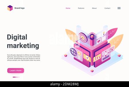 Kreatives modernes Konzept Landing Page, Website-Banner-Design mit Cartoon 3d Social Media Marketing-Förderung, digitale Entwicklung Service. Isometrische digitale Marketing-Technologie Vektor-Illustration Stock Vektor