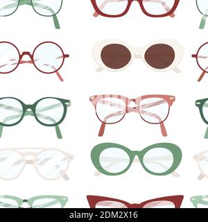 Nahtloses Muster von verschiedenen modernen Brillen flache Vektor-Illustration auf weißem Hintergrund. Stock Vektor
