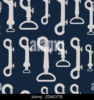 Nahtloses Muster großen Satz von Metall Kletterkarabiner und Klauenverschlüsse alpine Kletterausrüstung flache Vektor-Illustration auf dunkelblauem Hintergrund. Stock Vektor