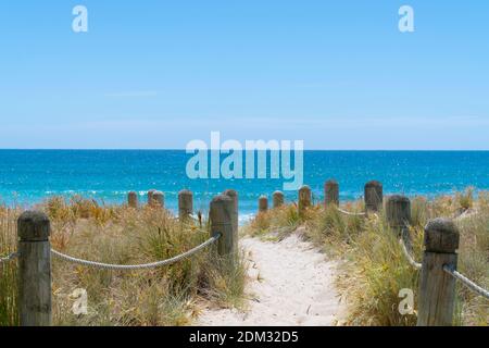 Poller und Seile säumen Sandweg durch Dünen nach Main Beach Mount Maunganui Stockfoto